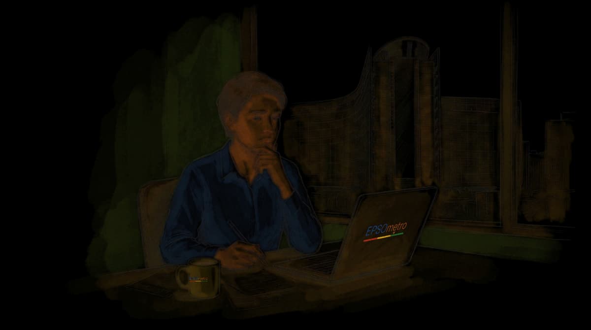 Sketch of a candidate at a laptop, chin on hand, looking unsure, with a Brussels office building behind