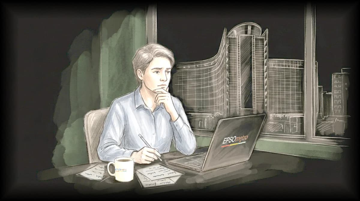 Sketch of a candidate at a laptop, chin on hand, looking unsure, with a Brussels office building behind