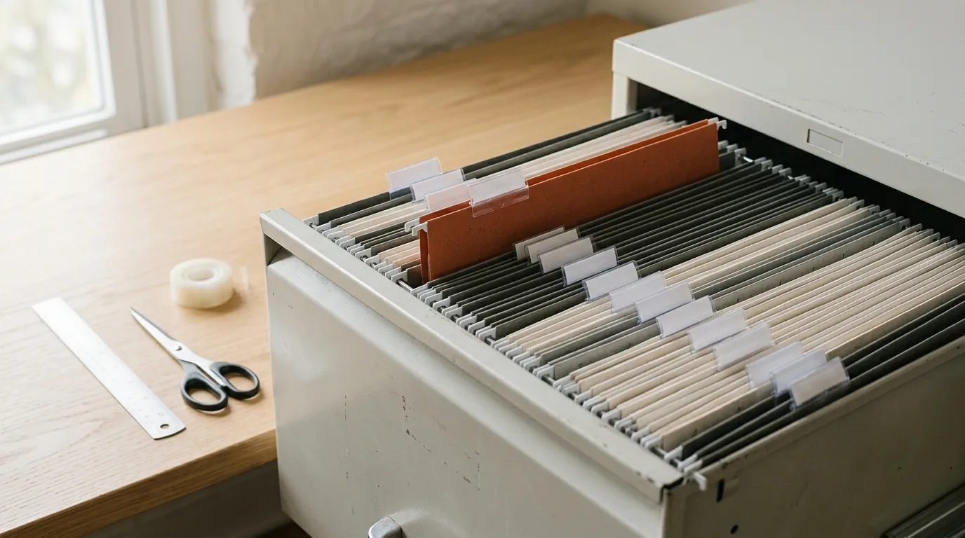 An open filing drawer full of hanging folders with blank tabs, one orange folder raised above the rest; on the desk beside it, a ruler, scissors and a roll of tape.