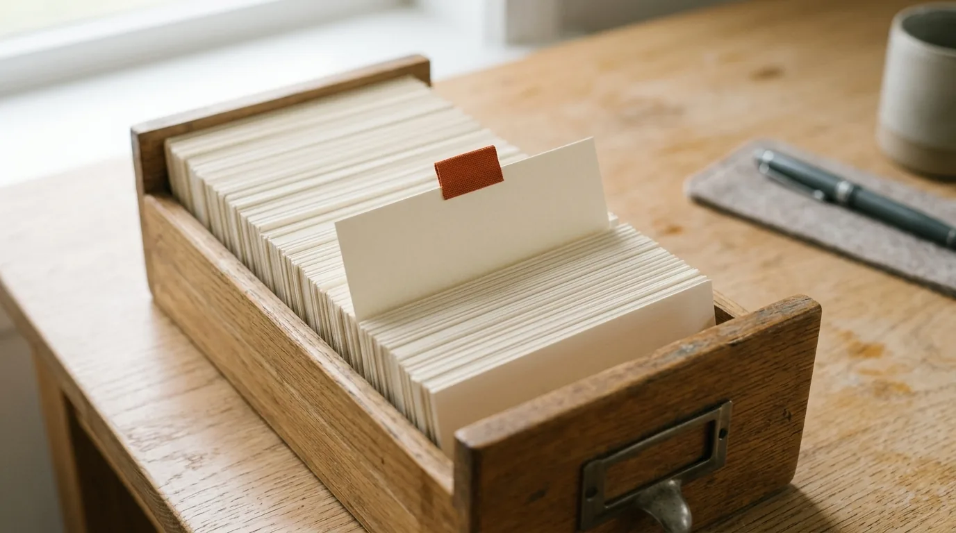 An open wooden card-index drawer full of blank cards, one of them raised with an orange tab.