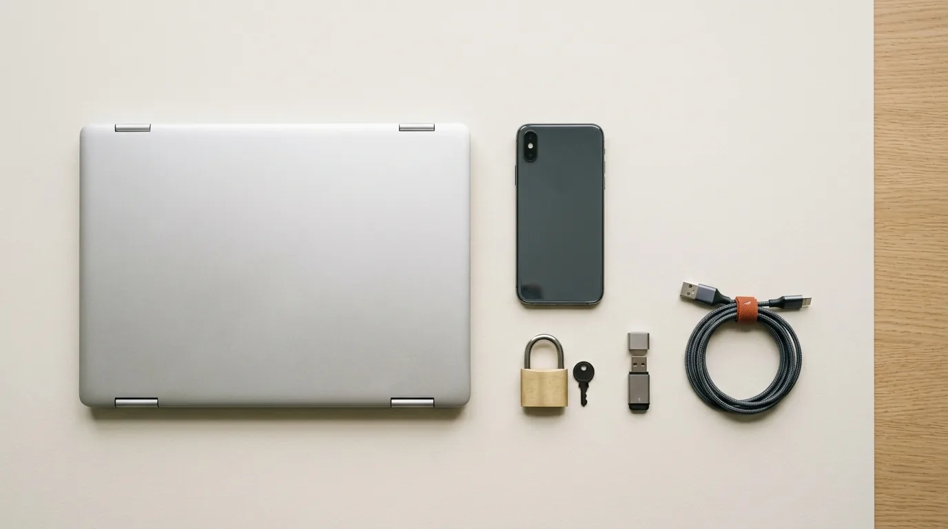 Everyday digital tools laid out on a desk: a closed laptop, a smartphone face down, a padlock with its key, a USB drive and a coiled cable.