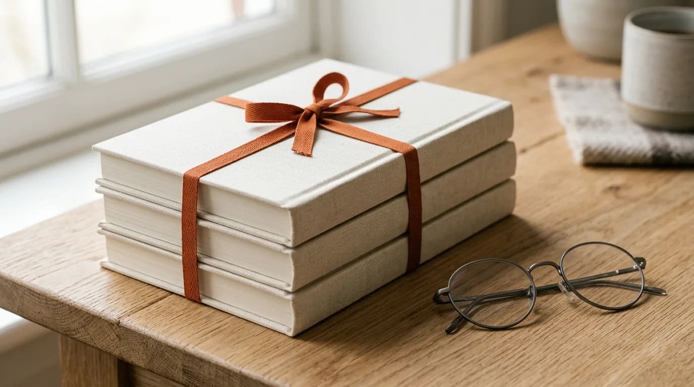 Three closed books with blank linen covers, tied with an orange ribbon, next to a pair of reading glasses.