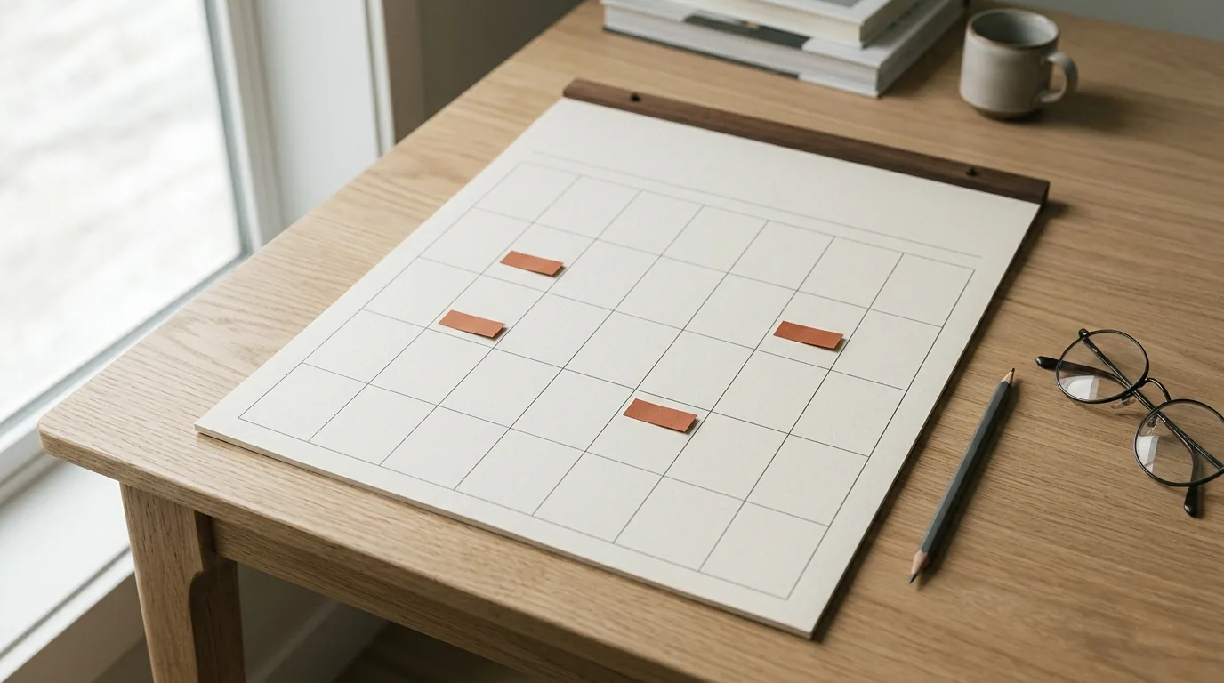 A calendar page with an empty grid on a desk, with a few small orange tabs marking some squares, next to a pencil and reading glasses.