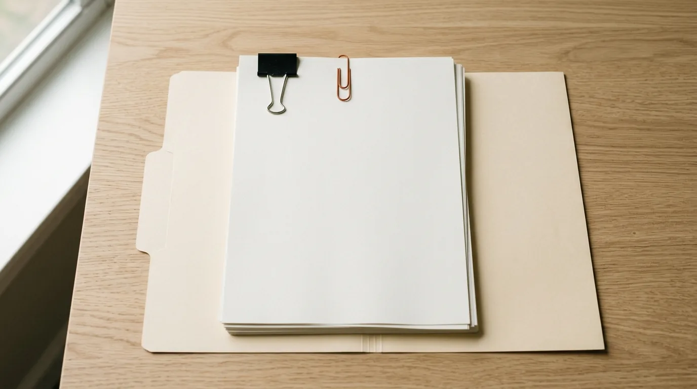 A stack of blank documents on a desk, held by a black binder clip with an orange paper clip, on top of an open manila folder.