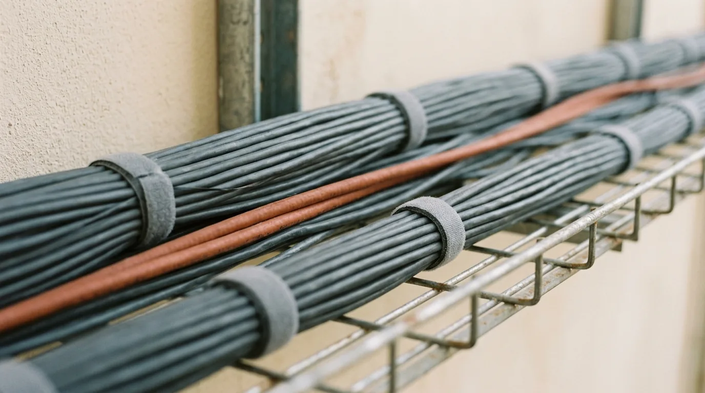 Bundles of grey network cables held with fabric straps along a metal cable tray, with a single orange cable running among them.
