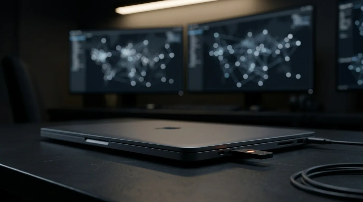A hardware security key plugged into a closed laptop in a dim room, with monitors showing network maps in the background.