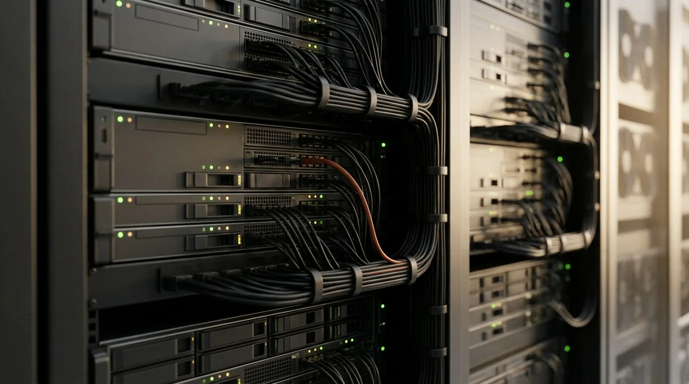 Close-up of server racks in a data centre, with status lights and bundled cables, one of them orange.