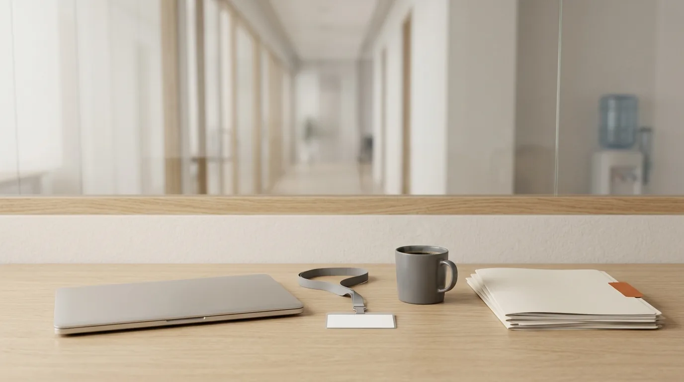 An office desk in an institutional building early in the morning: a closed laptop, a staff badge with a blank card, a coffee cup and a stack of folders, with a glass-walled corridor behind.