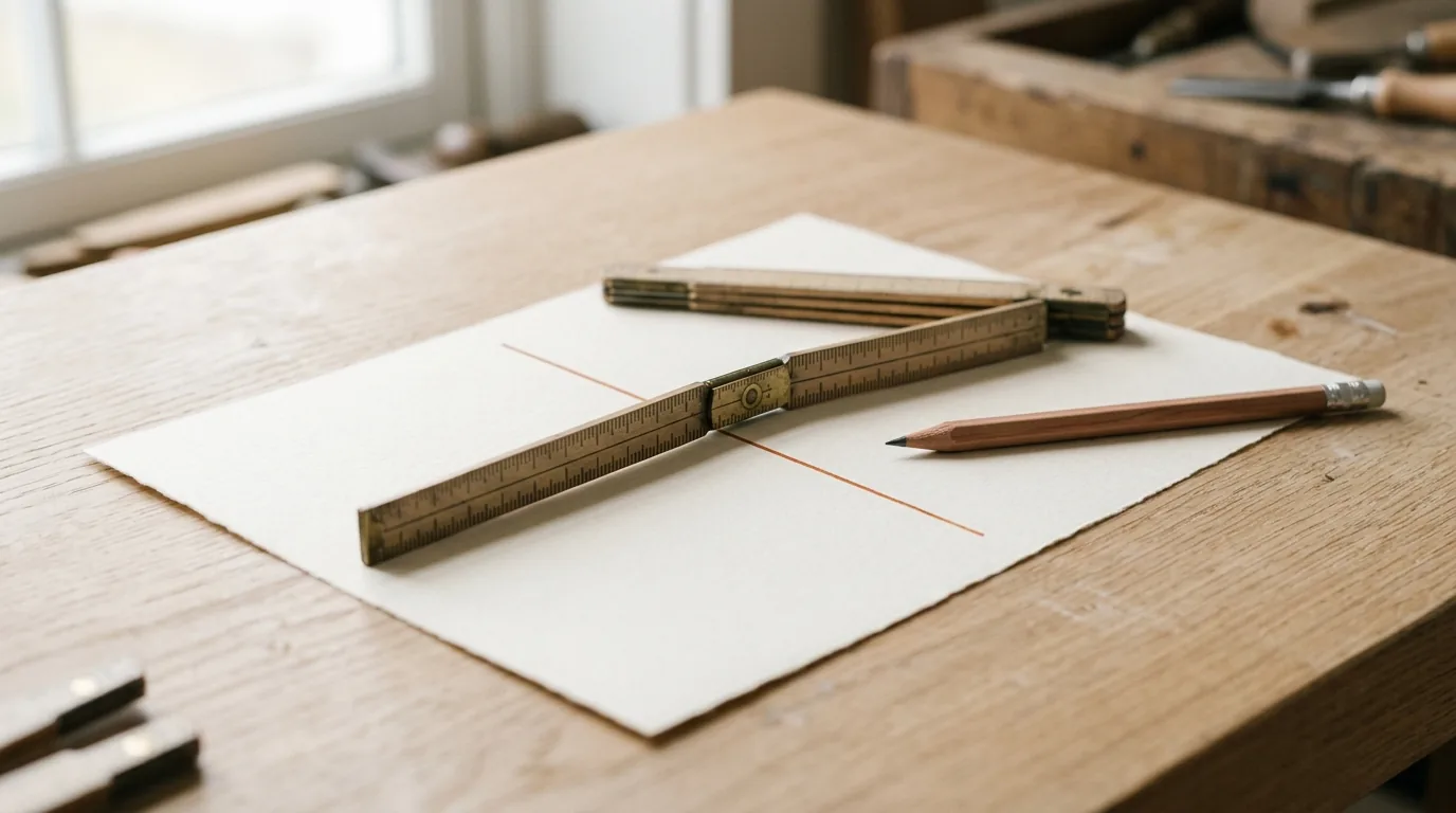 A folding wooden ruler, partly unfolded, lying on a sheet of paper crossed by a thin orange line, like a threshold, next to a pencil.