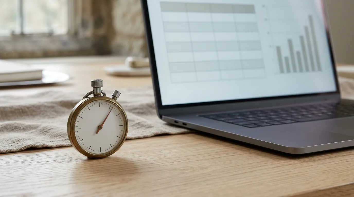 An analogue stopwatch next to a laptop whose screen shows an empty table and a bar chart.