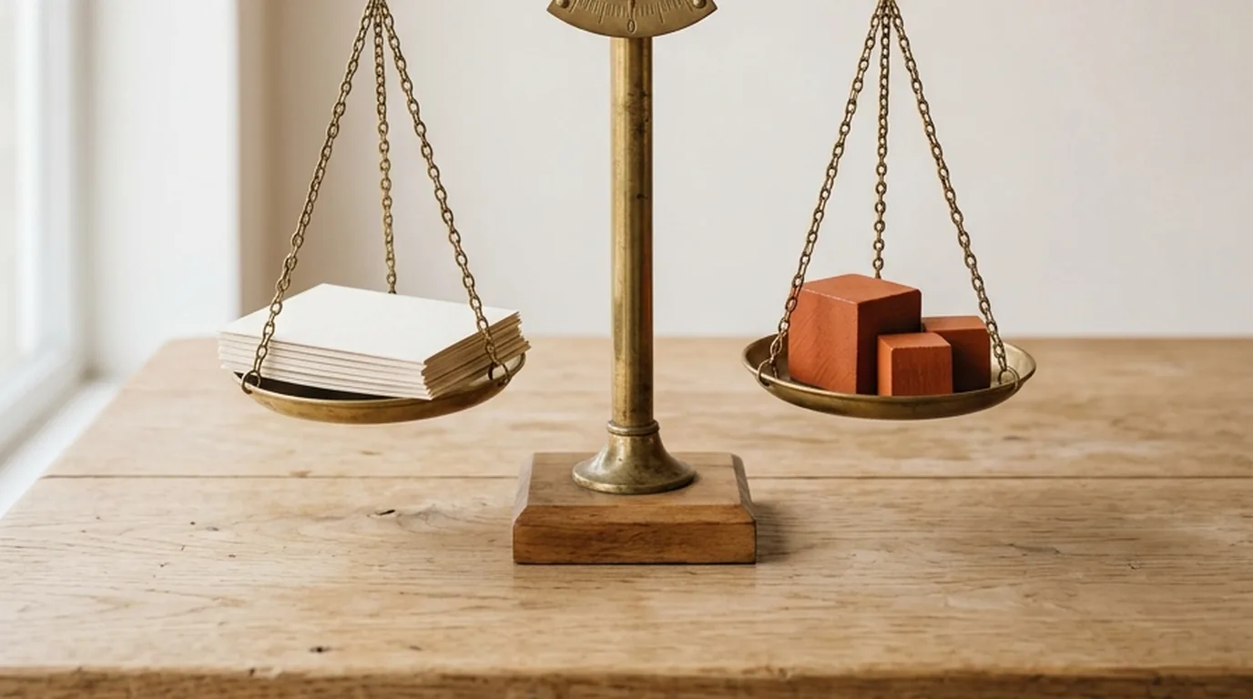 A brass balance scale on a wooden desk: a stack of blank paper on one pan, three orange wooden blocks on the other.