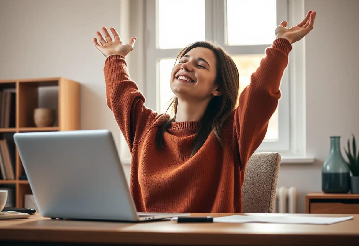 Someone leans back in their chair and raises both arms in front of their laptop, smiling, after seeing the result of their practice exam.