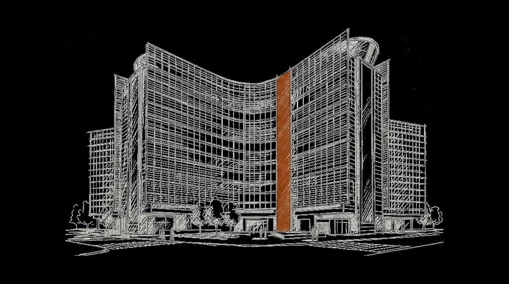 El edificio Berlaymont dibujado a lápiz desde abajo, con sus alas de vidrio cóncavas y sus bandas horizontales de acristalamiento, y figuras pequeñas a pie de calle.