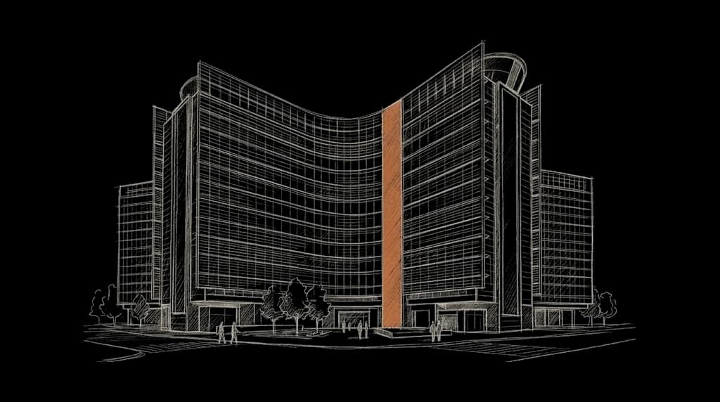 El edificio Berlaymont dibujado a lápiz desde abajo, con sus alas de vidrio cóncavas y sus bandas horizontales de acristalamiento, y figuras pequeñas a pie de calle.